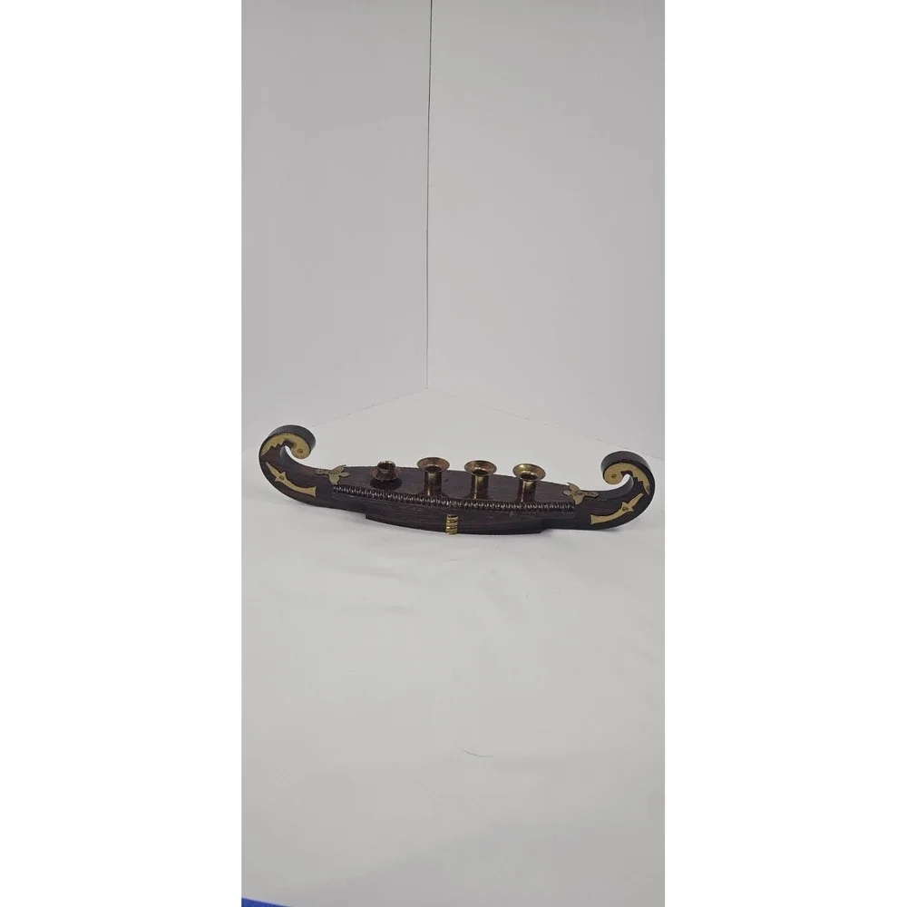 Viking Ship Gondola Wood‎ Brass Candelabra 4 Candle Brass Accent Mantel Shelf